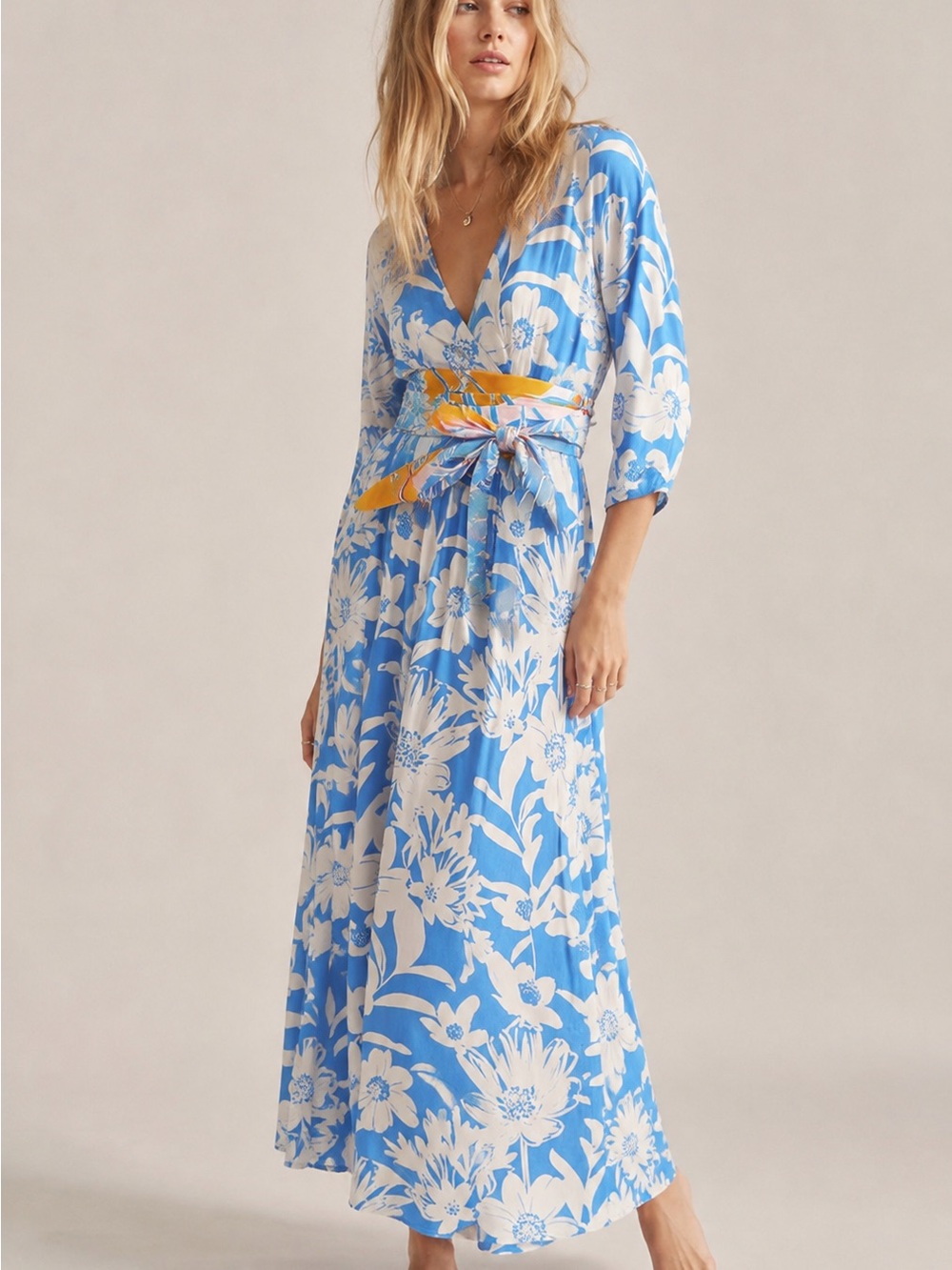 Anthropologie Maeve Belted Kimono Maxi Dress Blue Floral Contrast Tie - size 2